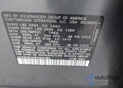 2023 Volkswagen Atlas 2.0T Se W/Technology из США, поврежденный, VIN 1V2HP2CA0PC554452